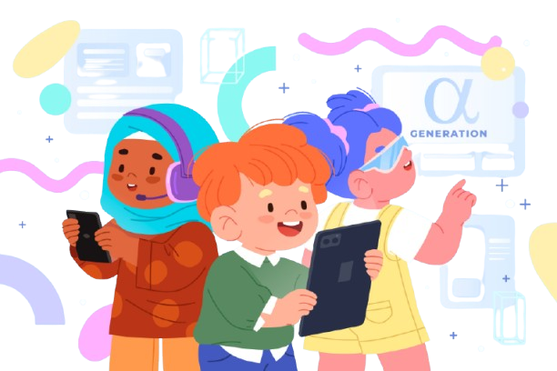 Three Gen Alpha kids exploring tech with a tablet, phone and AR visor